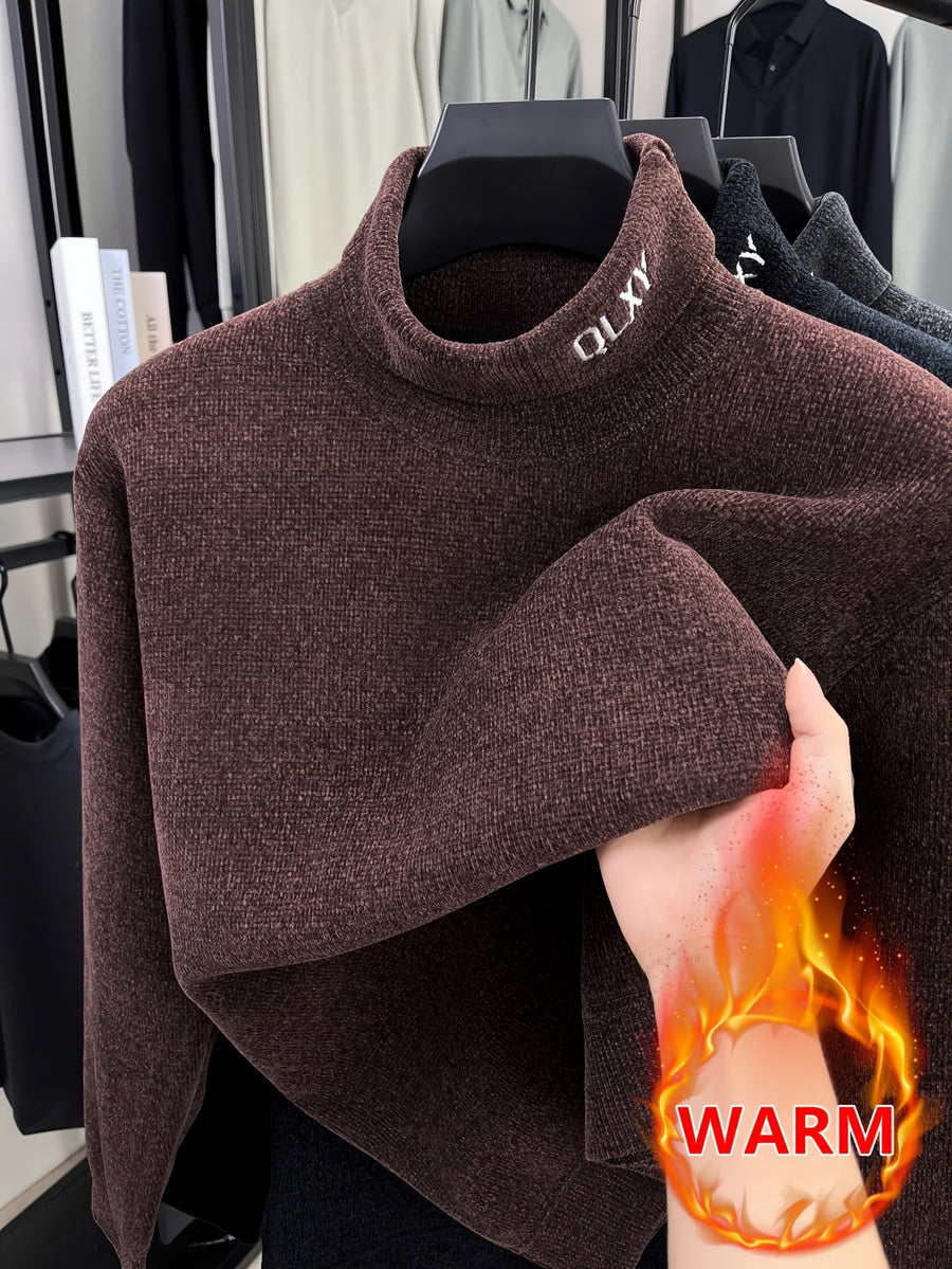 Lined Half-Turtleneck Sweater - Warm Winter Knit Sweater Suitable for City Casual, High Collar Ribbed Trim Pullover, Hand Washable Fall/Winter Sweater for Office to Weekend Wear (No Transparency) - Coffee Color
