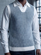 Western Men'S Urban Easy Business Style, Thick Warm Retro Color-Block Vertical Stripe Polo Neck Knit Vest, Spring/Autumn All-Match Layering Sweater Waistcoat - White