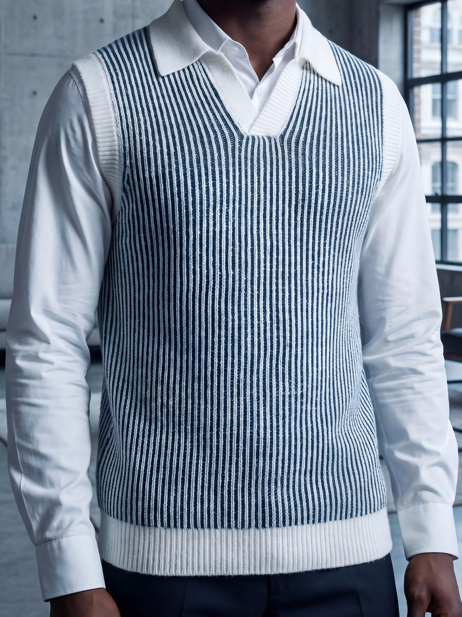 Western Men'S Urban Easy Business Style, Thick Warm Retro Color-Block Vertical Stripe Polo Neck Knit Vest, Spring/Autumn All-Match Layering Sweater Waistcoat - White