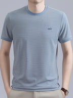 Men's Breathable Short-Sleeve T-Shirt - Business Casual Round Neck Striped Tee with Subtle Suitable for Work & Daily Wear, Machine Washable Suitable for Office, -Casual Outfits, Father's Day Gift for - Blue