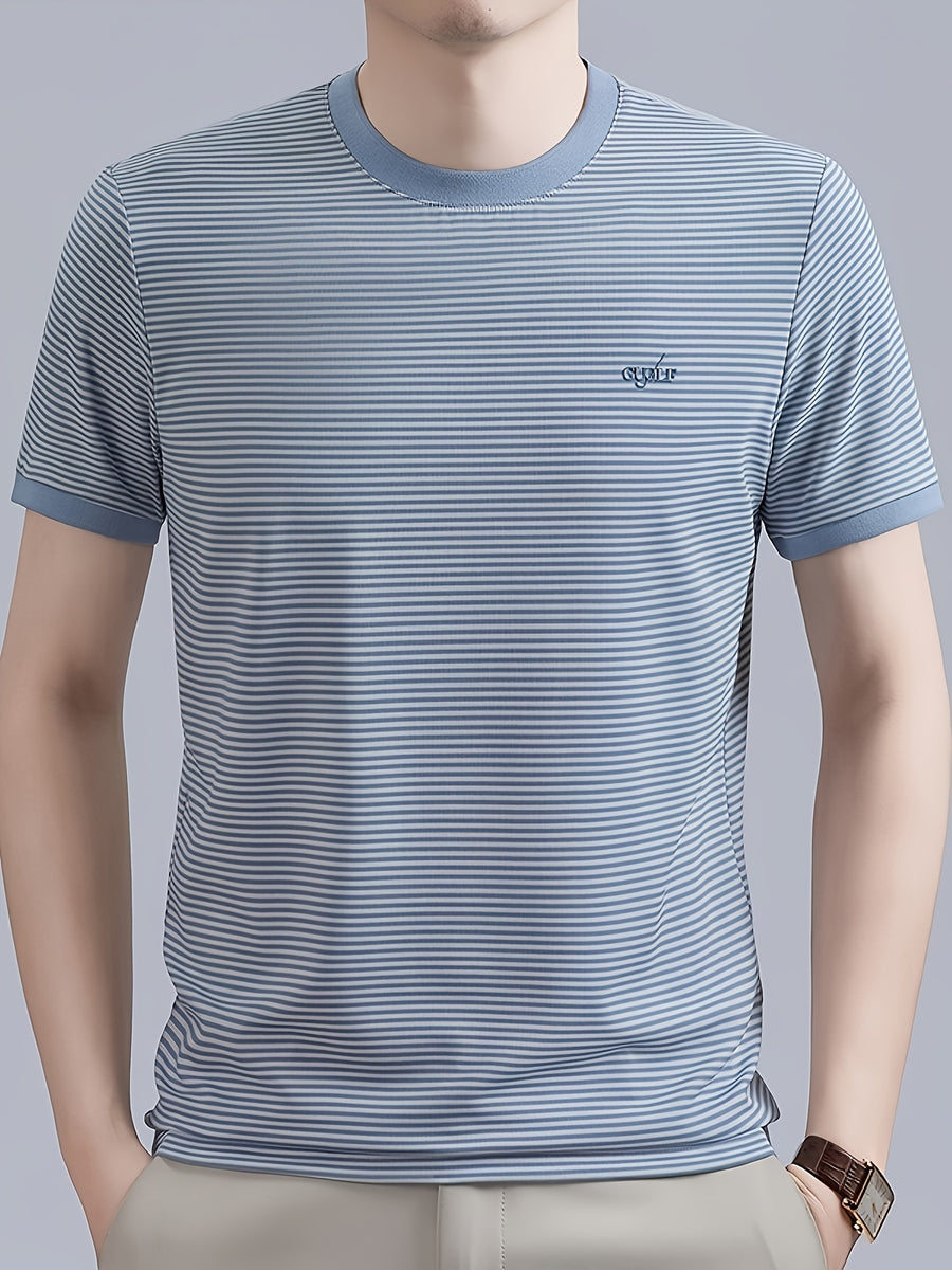 Men's Breathable Short-Sleeve T-Shirt - Business Casual Round Neck Striped Tee with Subtle Suitable for Work & Daily Wear, Machine Washable Suitable for Office, -Casual Outfits, Father's Day Gift for - Blue