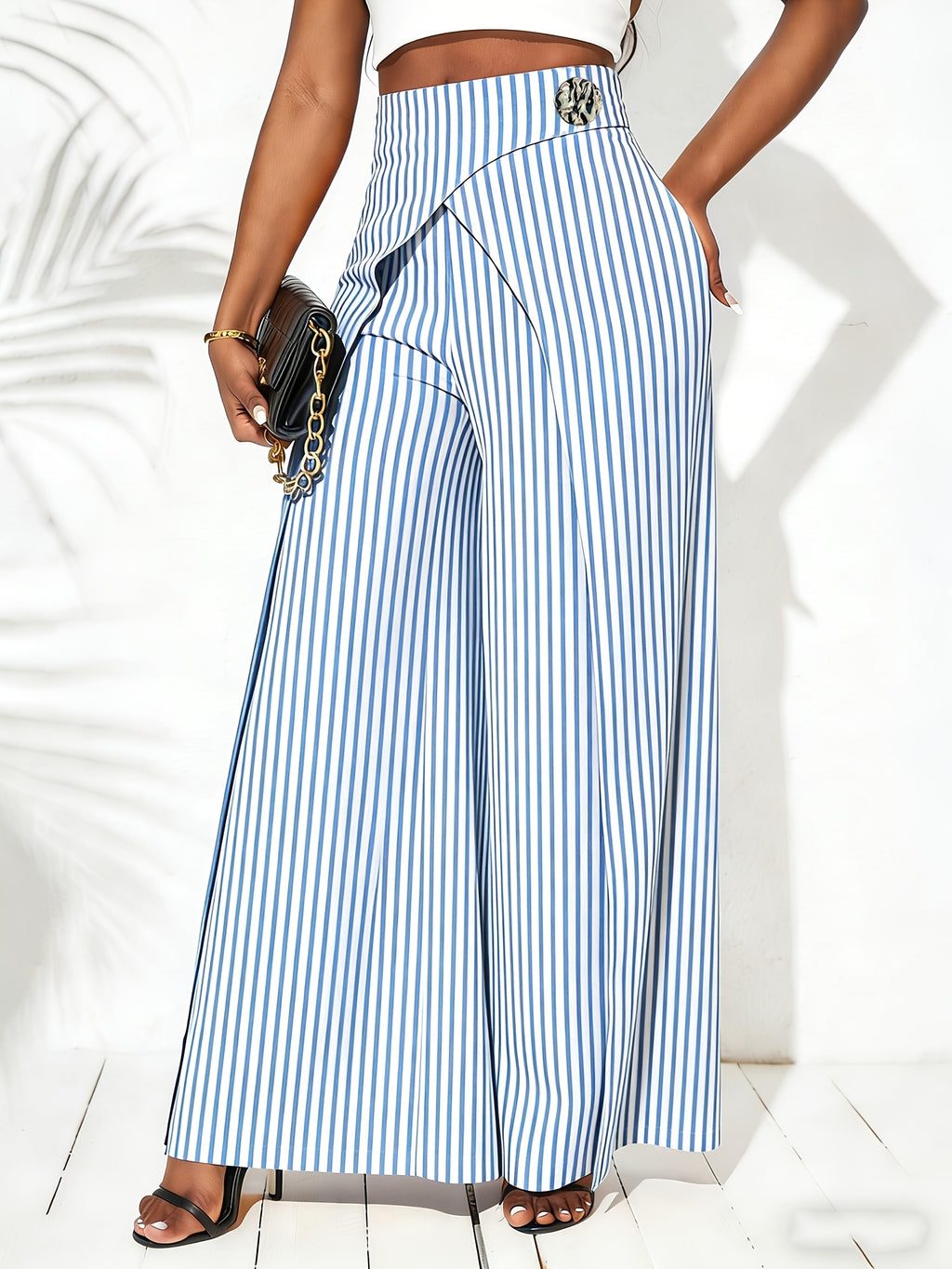 Women'S New Striped Elegant Commuter Wide-Leg Pants, Drapey Flared Overlap-Shrouded Temperament High-Waist A-Line Trousers - Mixed colors