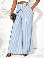 Women'S New Striped Elegant Commuter Wide-Leg Pants, Drapey Flared Overlap-Shrouded Temperament High-Waist A-Line Trousers - Mixed colors