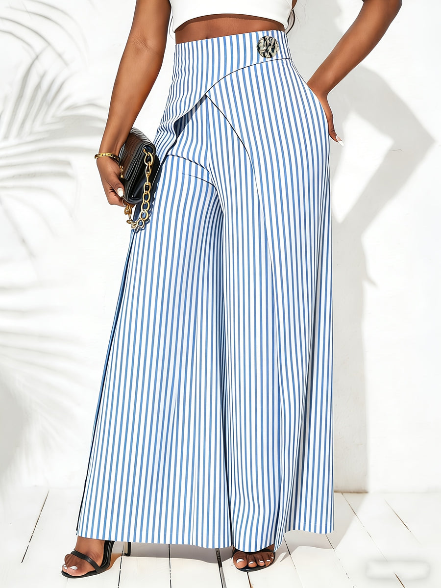Women'S New Striped Elegant Commuter Wide-Leg Pants, Drapey Flared Overlap-Shrouded Temperament High-Waist A-Line Trousers - Mixed colors