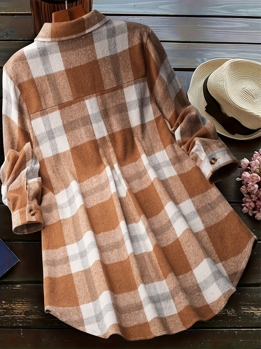 Fashion Women's Plaid Casual Shirt Jacket - Khaki