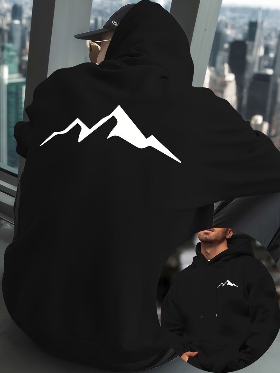 Mountain Men'S New Trendy Autumn Winter Hooded Sweatshirt, Casual Daily Drawstring Hoodie Creative Design Print, Kangaroo Pocket, Unisex Top - Black