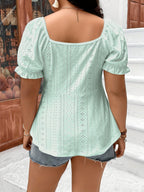 Women's Elegant V-Neck Embroidered T-Shirt with Eyelet Detail & Puff Sleeves - High Elasticity Semi-Sheer Fabric, Adjustable Drawstring Waist, Ruffled Hem - Spring/Summer Casual Top, Summer Fashion, Offshoulder Style, Highelasticity Fabric - Mint Green