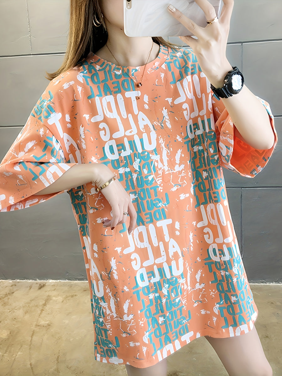 Summer New Large Size Loose Fashion Trend Thin Cartoon Round Neck Print Medium Long Short Sleeve T-shirt - Orange