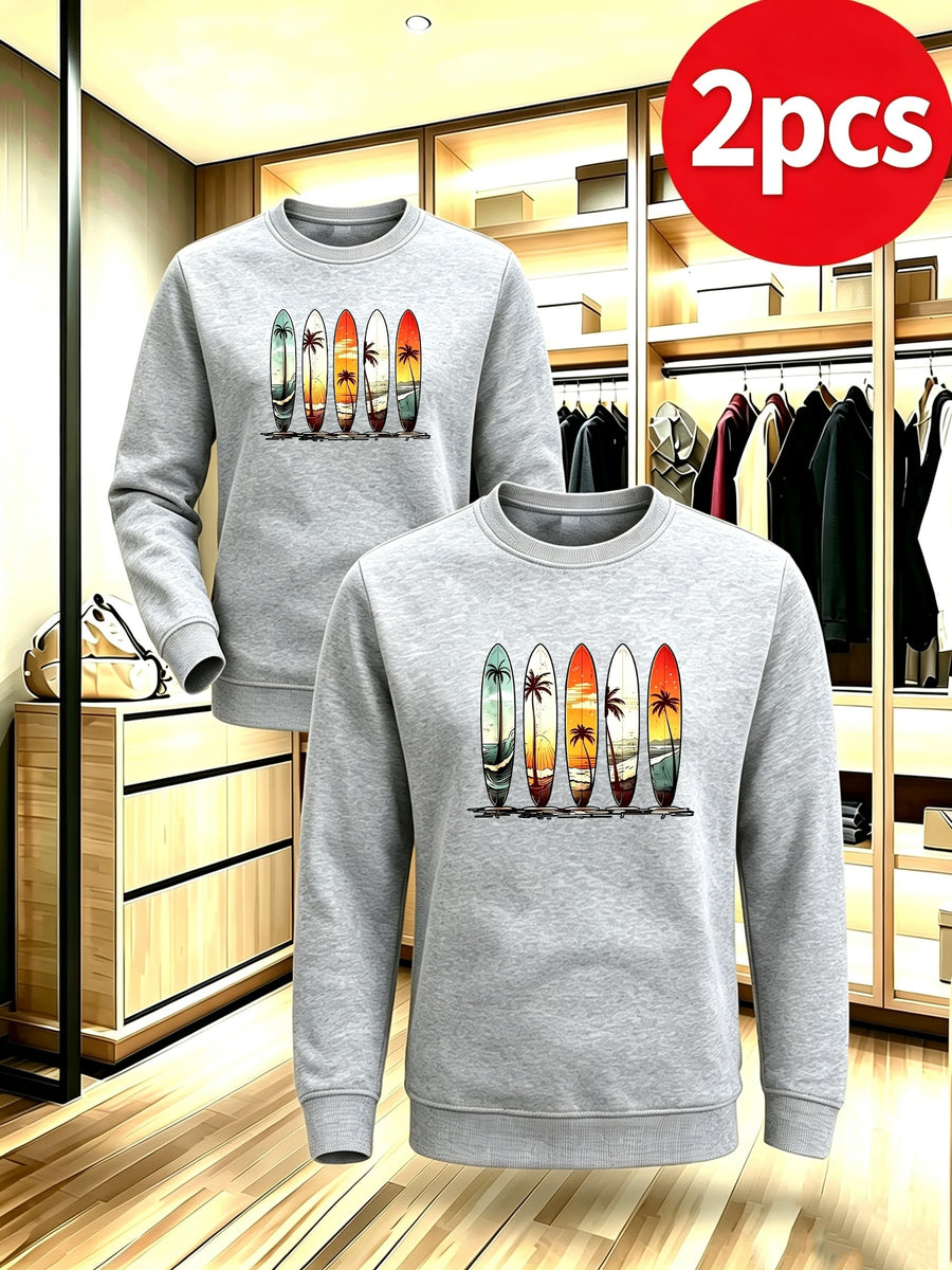 2pcs Men'S Fall Winter Thick Fleece Lined Crewneck Pullover, Retro Beach Surfboard Tree Sunset Graphic, Versatile Warm Long Sleeve Top, Daily Commute, Outdoor Activity, Street Style, Friend Meetup - Light Grey