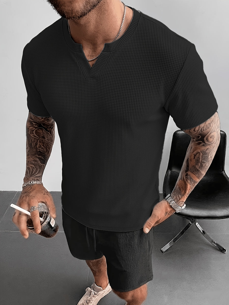 3pcs Men's Waffle Knit V-Neck Solid Color Stretch Short Sleeve T-Shirt, Summer Slim Fit Muscle-Defining Breathable Versatile Casual Henley Top - Black Gray Blue