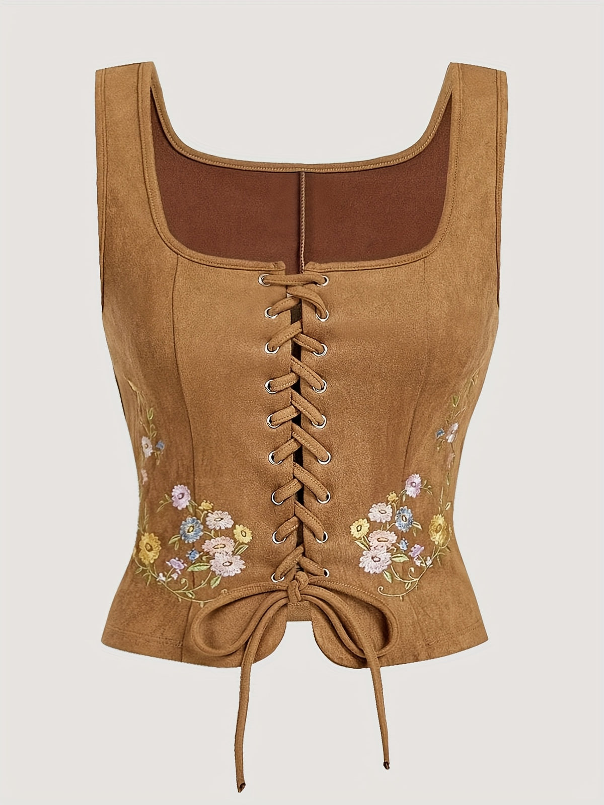 Women's Bohemian Brown & Floral/Leaf//Star/Bird/Bee/Bubblegum/Heart/Starfish/Lace-like Threading Embellished Square Neck Lace-like Top - Short Sleeve Lacing-Front Closure Boho-Chic Blouse for Music Festivals & Parties ( - Rust