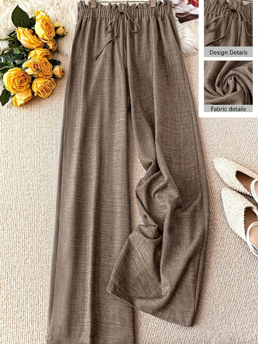 Women's Elegant Solid Color Faux Drawstring Waist Comfortable Long Pants - Apricot