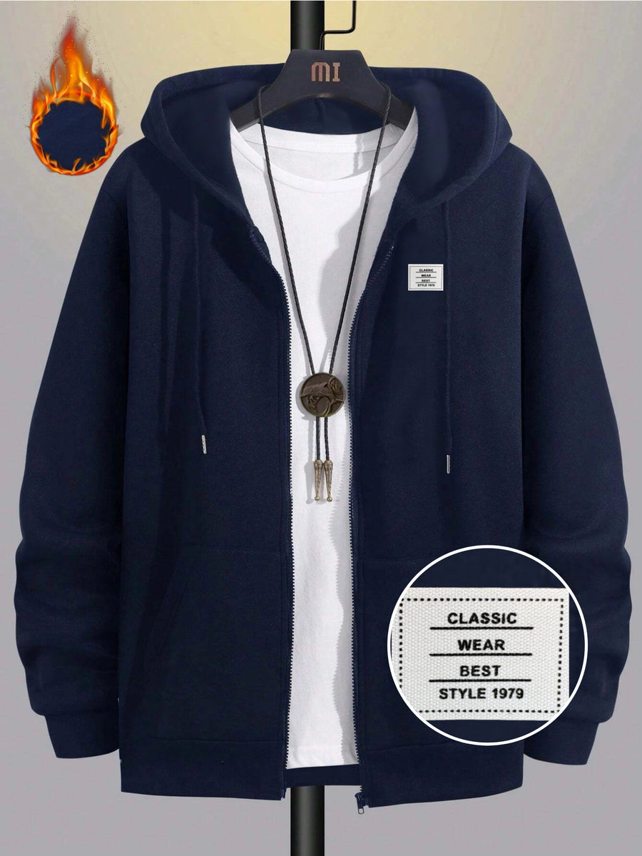 95% Polyester 5% Spandex, Men's Casual Pocket Zipper Drawstring Hooded Sweatshirt, Chest Placement Patch Embroidery, 240g Global All-Season Base Layer, Factory-Made for Men's Comfort, High Quality, High Fit Rate, Casual Sportswear - Navy Color