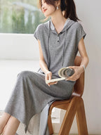 Casual Versatile Drawstring Hooded Loose Dress - Grey