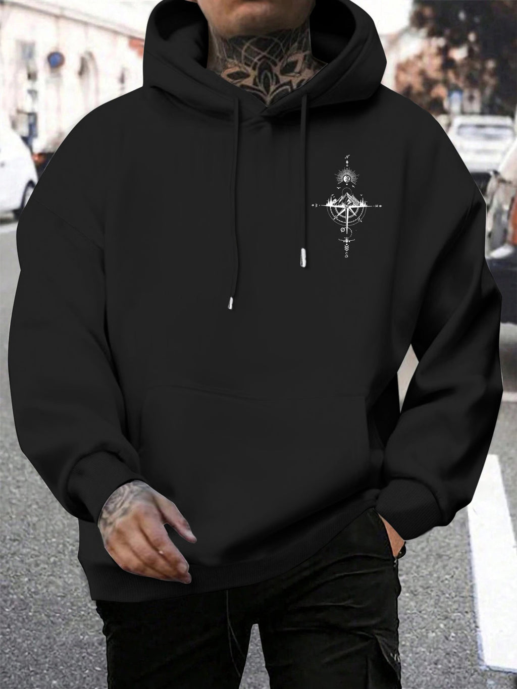 Men'S Teal Green Pullover Hoodie, Polyester Fabric Sweatshirt with Compass Back Design, Casual Streetwear Top - Black