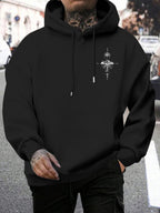 Men'S Teal Green Pullover Hoodie, Polyester Fabric Sweatshirt with Compass Back Design, Casual Streetwear Top - Black