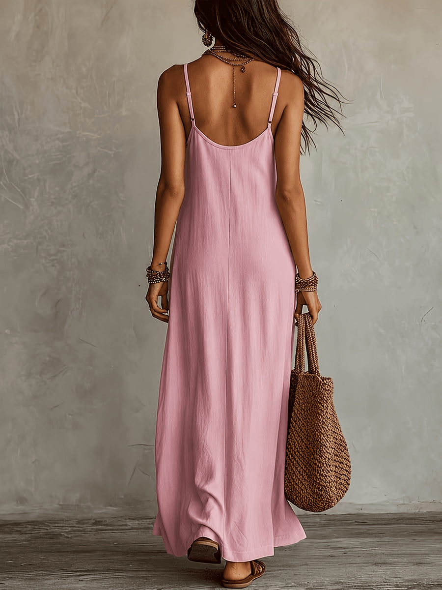 Women'S Spaghetti Strap Maxi Dress, V-Neck Loose Flowing Long Dress, Bohemian Casual Beach Vacation Summer Beach Dress - Pink