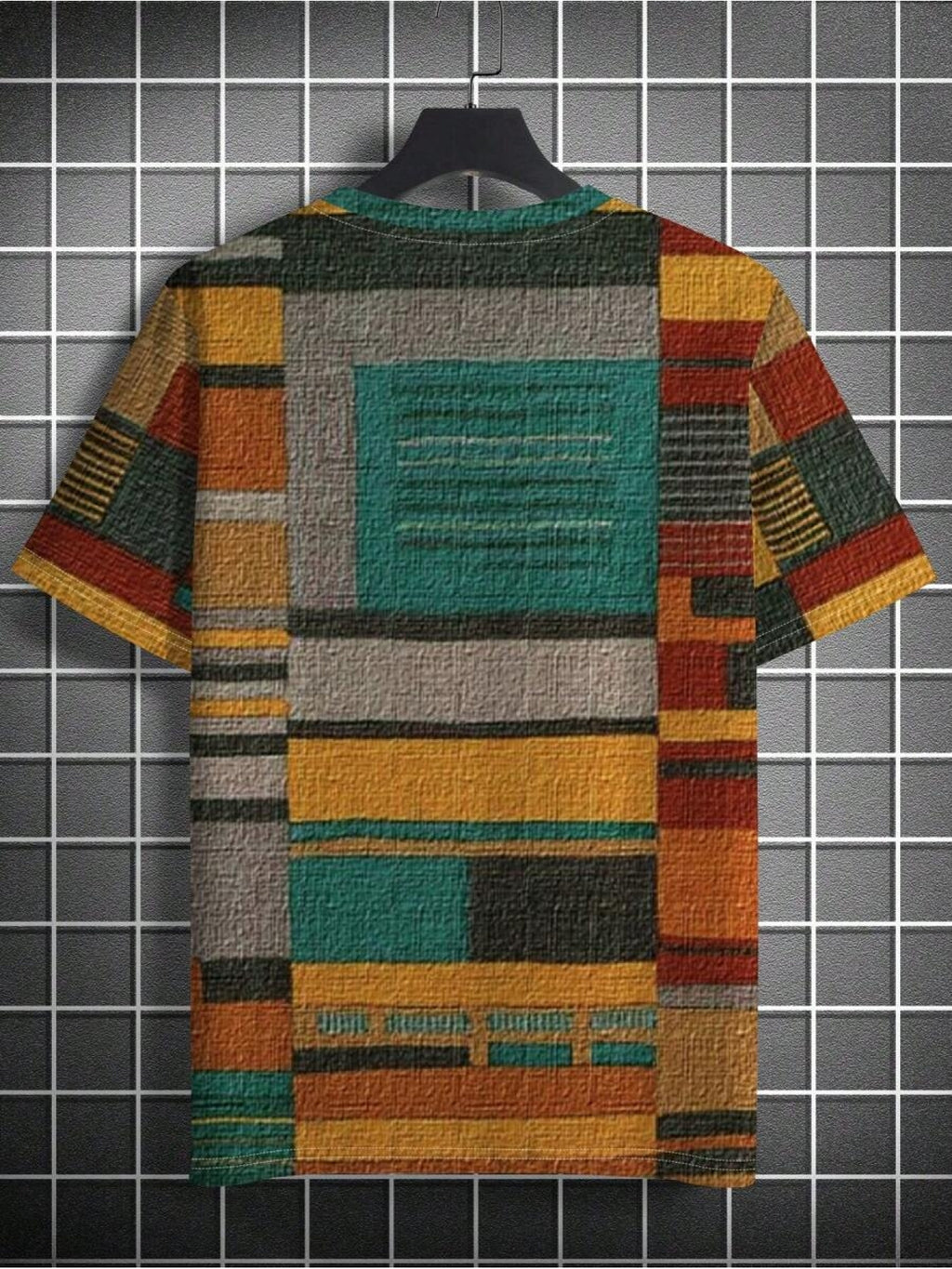 Men's Patchwork Print T-Shirt - Short Sleeve Crew Neck Casual Shirt with Multi-Color Suitable for Casual Attire, Machine Washable, Non- Regular Fit Suitable for Body Types, Modern Patchwork - Mixed colors