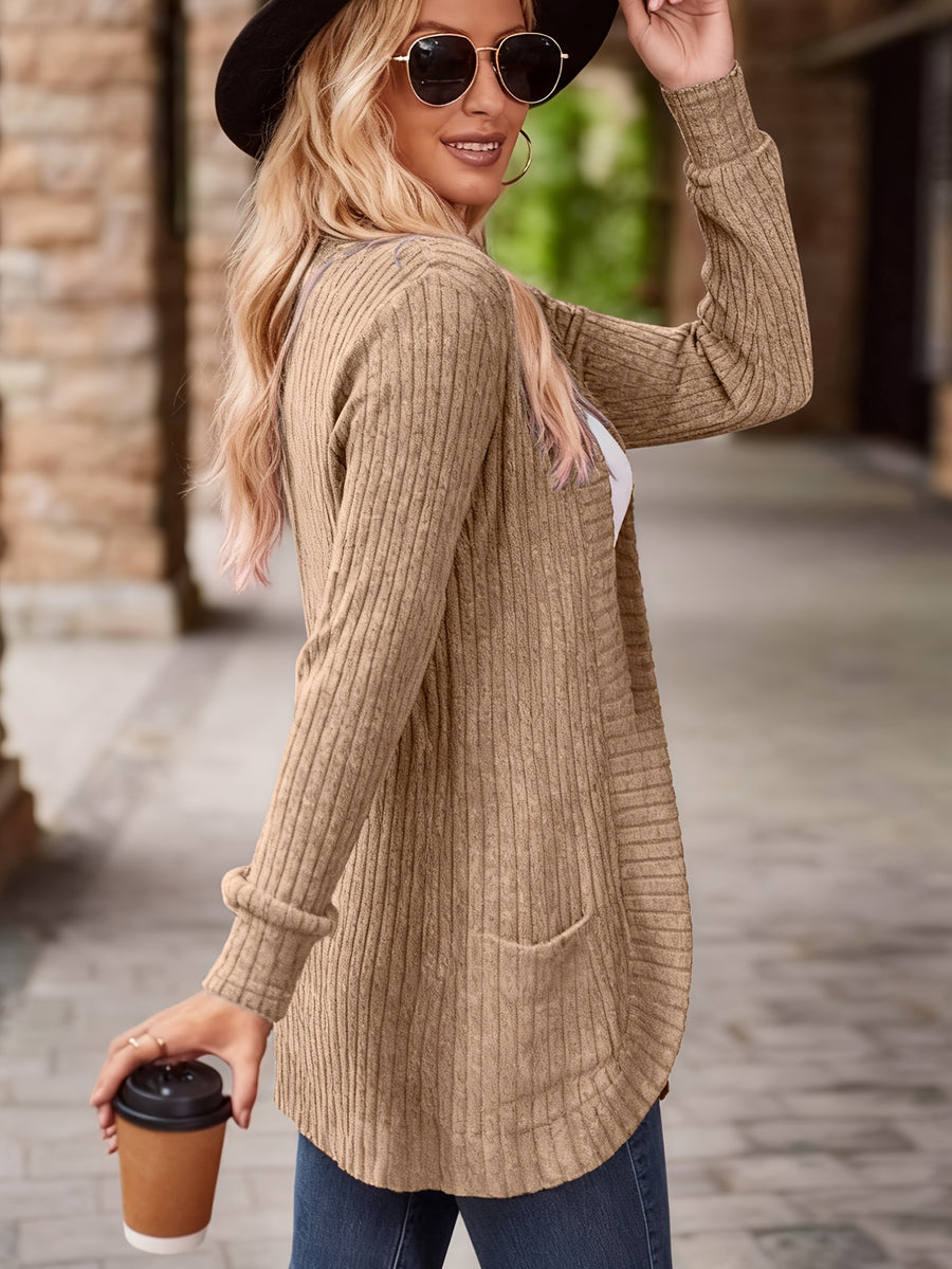 Women's Solid Color Brushed Casual Spliced Long Sleeve Cardigan - Khaki