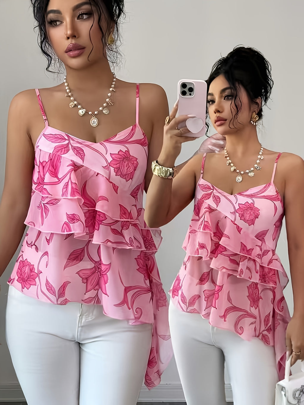 2026 Summer New Pink Floral Ruffled Camisole Women'S Summer Irregular Hem Body-Shaping Thin Chiffon Top Hot Top - Pink