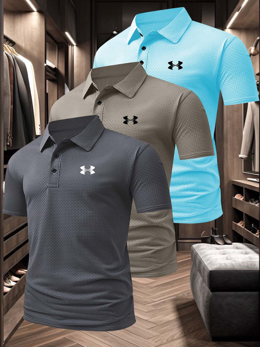 GS1080 Men's "C" Letter Print Breathable Summer Refreshing Quick-Dry Lapel Multi-pc 3pcs Polo Shirt, Men's Short-Sleeve T-Shirt, Men's Apparel Top for Golf, Fishing, Basketball, Camping, Beach - Charcoal-Khaki-Blue