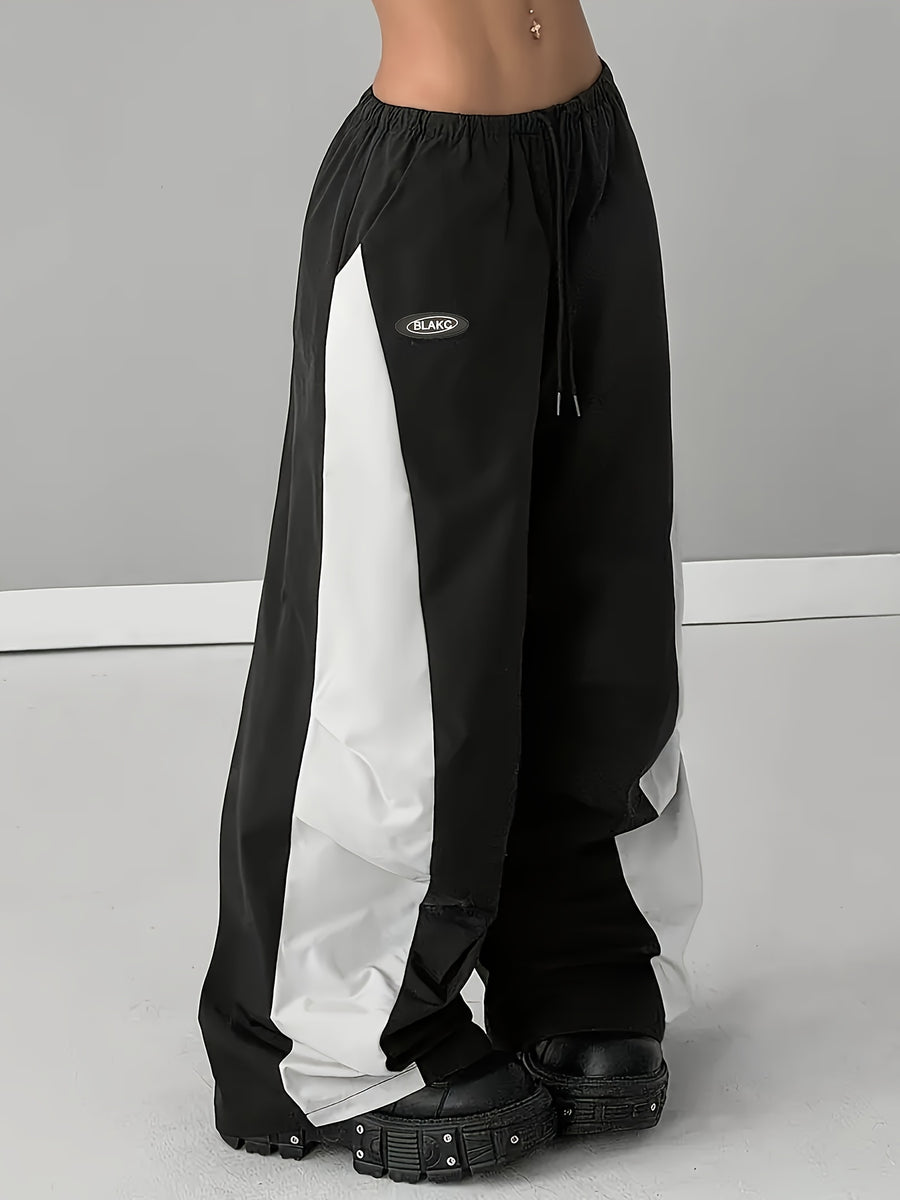 Women's Elastic Waist Wide-Leg Harem Pants - Black and White Contrast Casual Pants, Loose Fit, Machine Washable, All-Season Comfort, Durable Fabric, American Street Style Contrast Drawstring Versatile Wide-Leg Trousers - Black