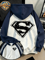 Men'S Drop Shoulder Color-Block Hooded Zipper Cardigan Sweatshirt, American Graffiti Splatter Superman Logo Print, Autumn/Winter Loose Contrast Striped Sporty Hoodie, Trendy Fashion Casual All-Match Sporty Zipper Pocket Hooded Men'S Sweatshirt - Gray And Navy Blue