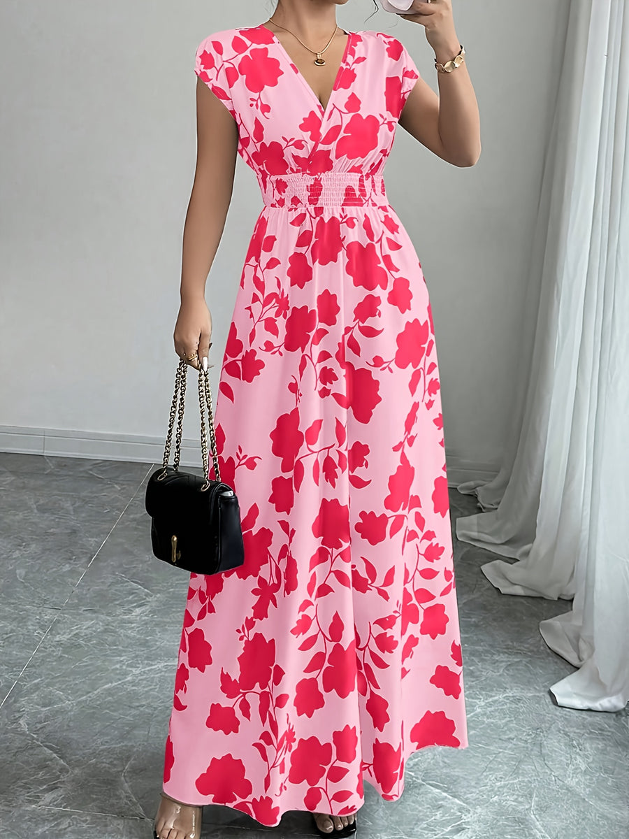 Elegant Pink Floral Maxi Dress with V-Neck and Short Sleeves - Flowing A-Line Silhouette, Cinched Waist, Perfect for Spring/Fall, Casual to Formal Wear, Casual Elegant Wear | Floral Print Dress | Cinched Waist Design - Pink