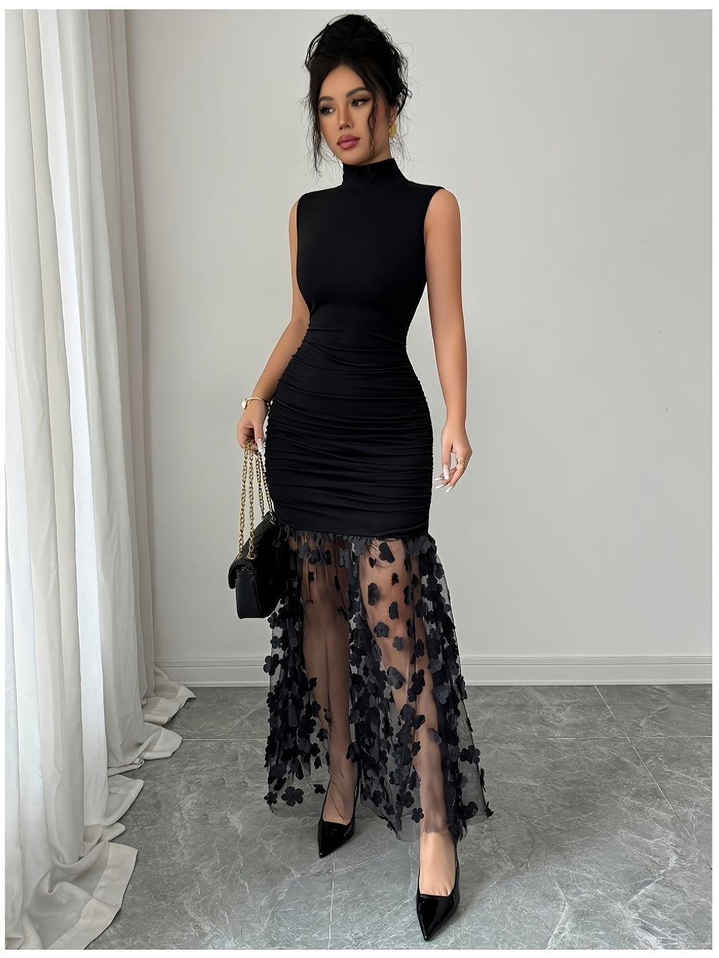 Elegant, Exquisite and Fashionable Women's Solid Color High Neck Sleeveless Fishtail Dress, Women's Bridesmaid DressSide Pleated Slim Fit Hip-hugging SilhouetteSheer Mesh with Three-dimensional Flower Decorated Hem - Black