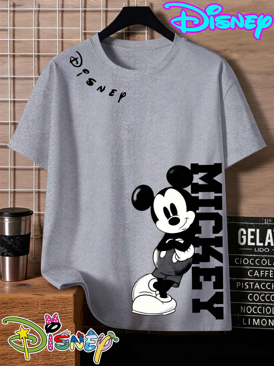 Disney Mickey Black And White Vertical Letter Print Round Neck Short Sleeve T-Shirt, a Minimalist And Trendy Top - Light Grey