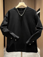Buckle Shirt Pullover Round Neck Sporty Spring Autumn Solid Color Long Sleeve Men'S Slit Button Cuff Top - Black