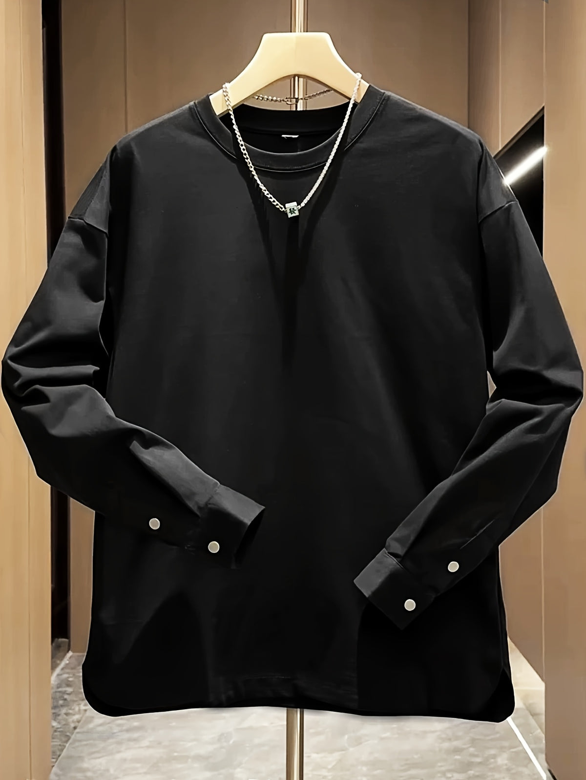 Buckle Shirt Pullover Round Neck Sporty Spring Autumn Solid Color Long Sleeve Men'S Slit Button Cuff Top - Black