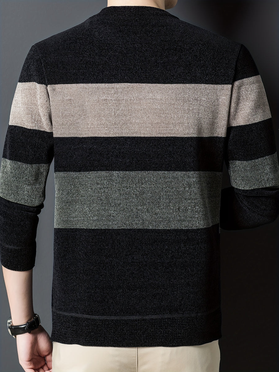New Winter Striped Men'S Round-Neck Sweater, Fleece-Lined for Comfort, Stylish And Casual, Warm Pullover Knit Top, Thick Winter Men'S Clothing - Olive Green