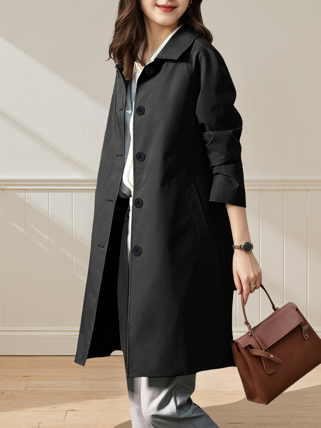 Women'S British Style Mid-Length Trench Coat, Easy And Atmospheric Commuter Temperament Style Jacket, Non-Picky Body Farewell to Passerby Look, Unlined Fabric Style - Black