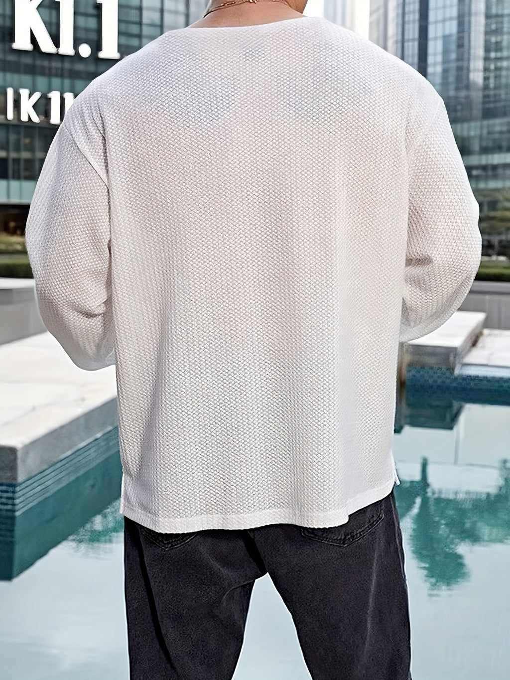 Men's Casual Long-Sleeve T-Shirt, Gym Training Top, Loose and Breathable Pullover, Crew Neck Base Layer, Textured Knit Sweatshirt - White