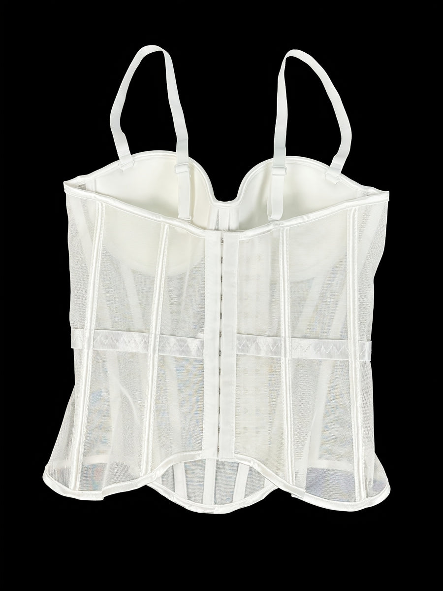 Elegant Mesh Sheer Fishbone Bustier, Tummy Control Shapewear Outerwear Elegant Tight Camisole Top, Stage Performance Strappy Top, Women'S Clothing - White