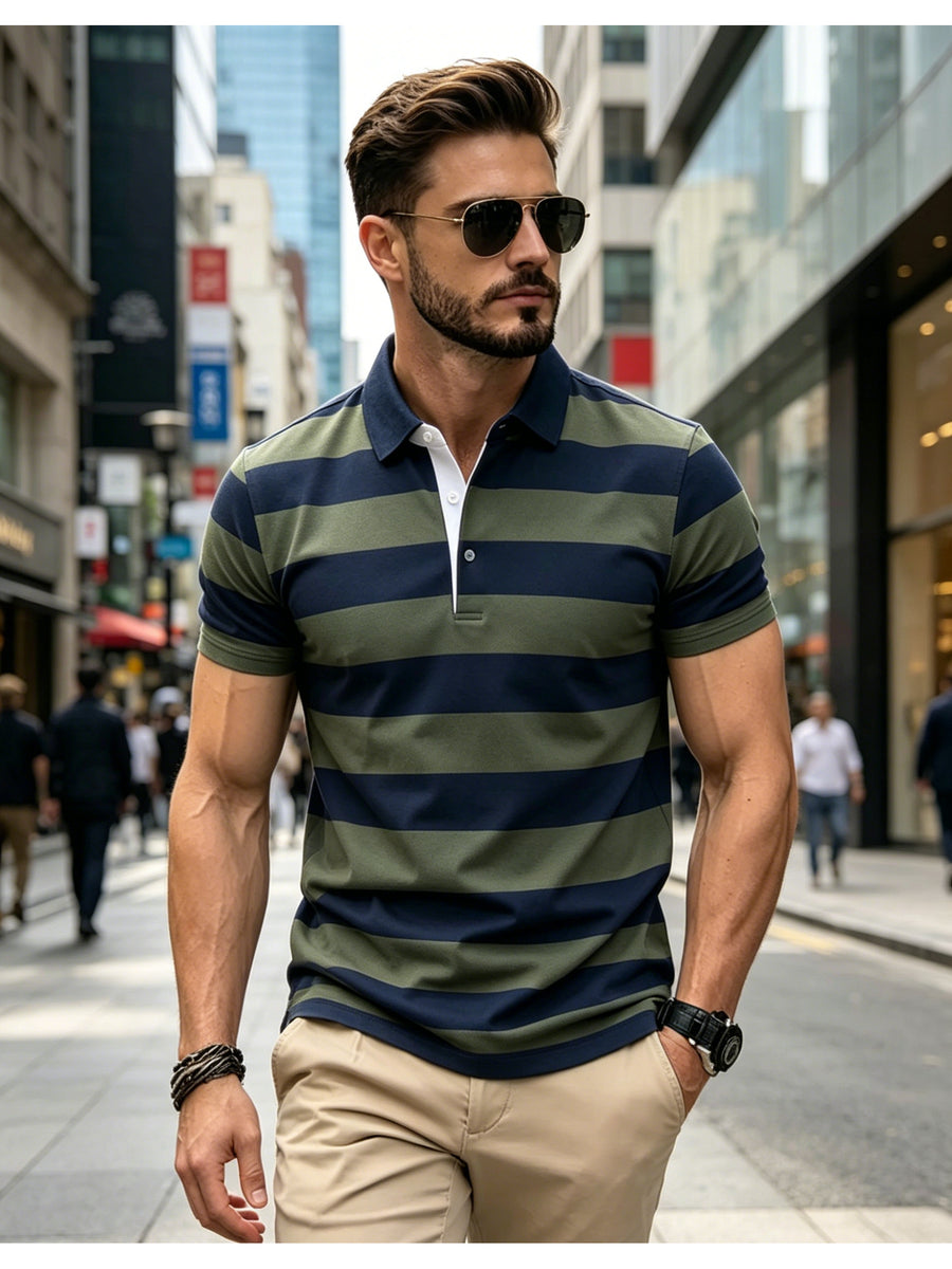 Men'S Business Casual Striped Polo Shirt, Summer Thin Breathable Short Sleeve, Office Commute Versatile Top - Mixed Color 1