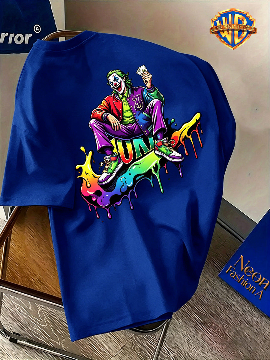 Halloween Back-To-School Men'S Short Sleeve T-Shirt, Warner Bros. Official DC Joker Sitting Colorful Dripping Trendy Cartoon Print, All-Match Casual Spring Summer Regular Fit Top, Breathable And Skin-Friendly, Suitable for Daily Outings - Royal Blue