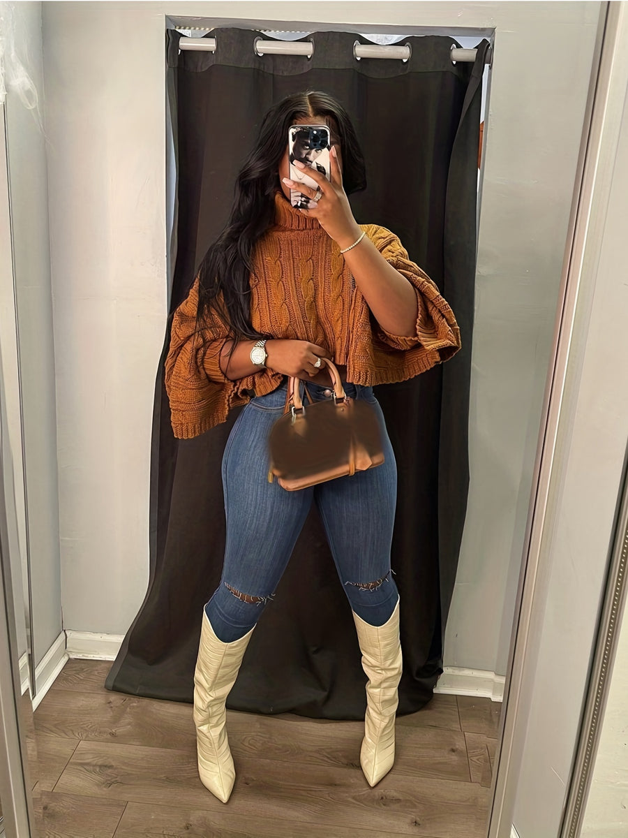 European and American Women's New Style Shawl, Loose-fitting, Fashionable, Unique Short Sweater Top - Camel