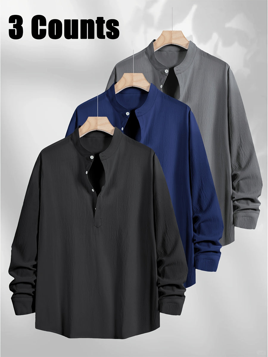 3pcs Men's Textured Slim-Fit Vacation Shirts - Long Sleeve & Short Sleeve Multi-pc, Stand Collar Button- Cuff Shirt Convertible to Short Sleeve, Breathable All-Season Hawaiian Casual Shirt Lightweight, Fashionable Minimalist for Beach Travel Vacation - Black+Navy+Dark Gray
