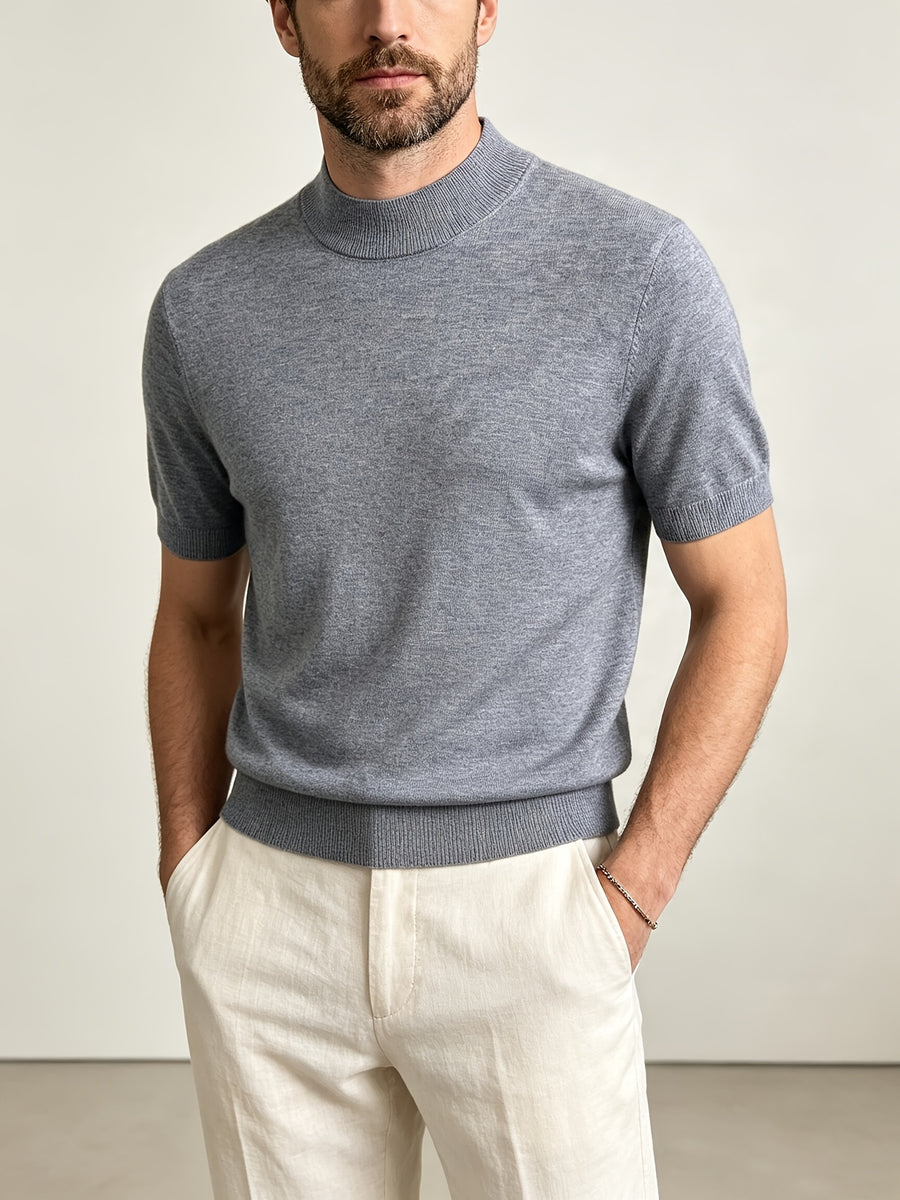 Men's Minimalist Urban Style Half-Turtleneck Short-Sleeve Knit Sweater with Fine Texture, Breathable for Spring/Summer Daily Wear - Medium Gray