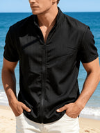 [Qiaoximei OBM] 2pcs Set, Latest Men'S Short-Sleeve Zip-Up Cardigan, Street Beach Comfortable Casual Outdoor, with Stand-Up Collar Design, Suitable for Beach Vacations, Pool Parties, And Daily Casual Wear, Men'S Top, Short-Sleeve Zip-Up Cardigan - Black+Sky Blue