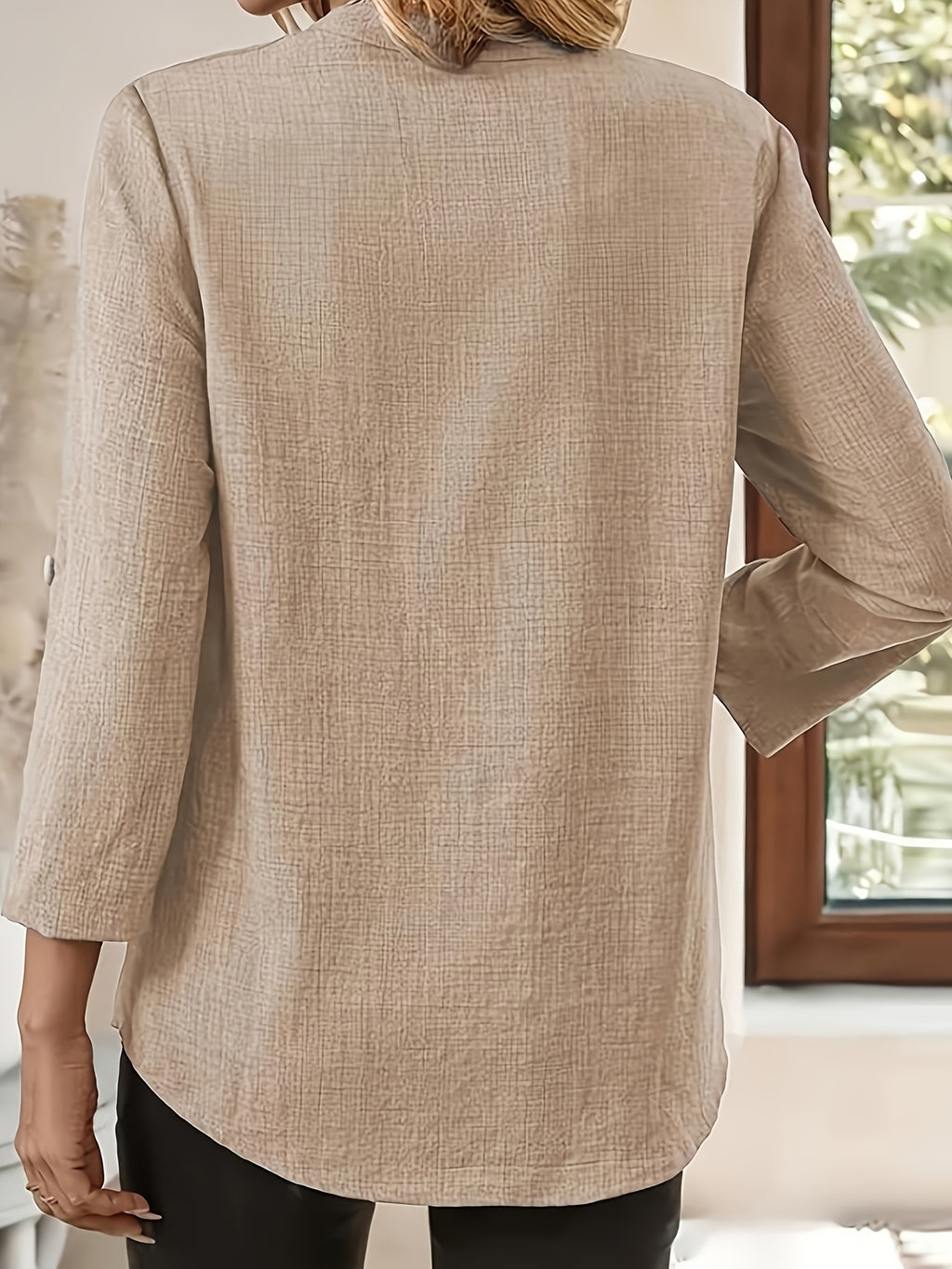 Women'S V-Neck Short Sleeve Shirt, Universal Casual Blouse Top - Khaki