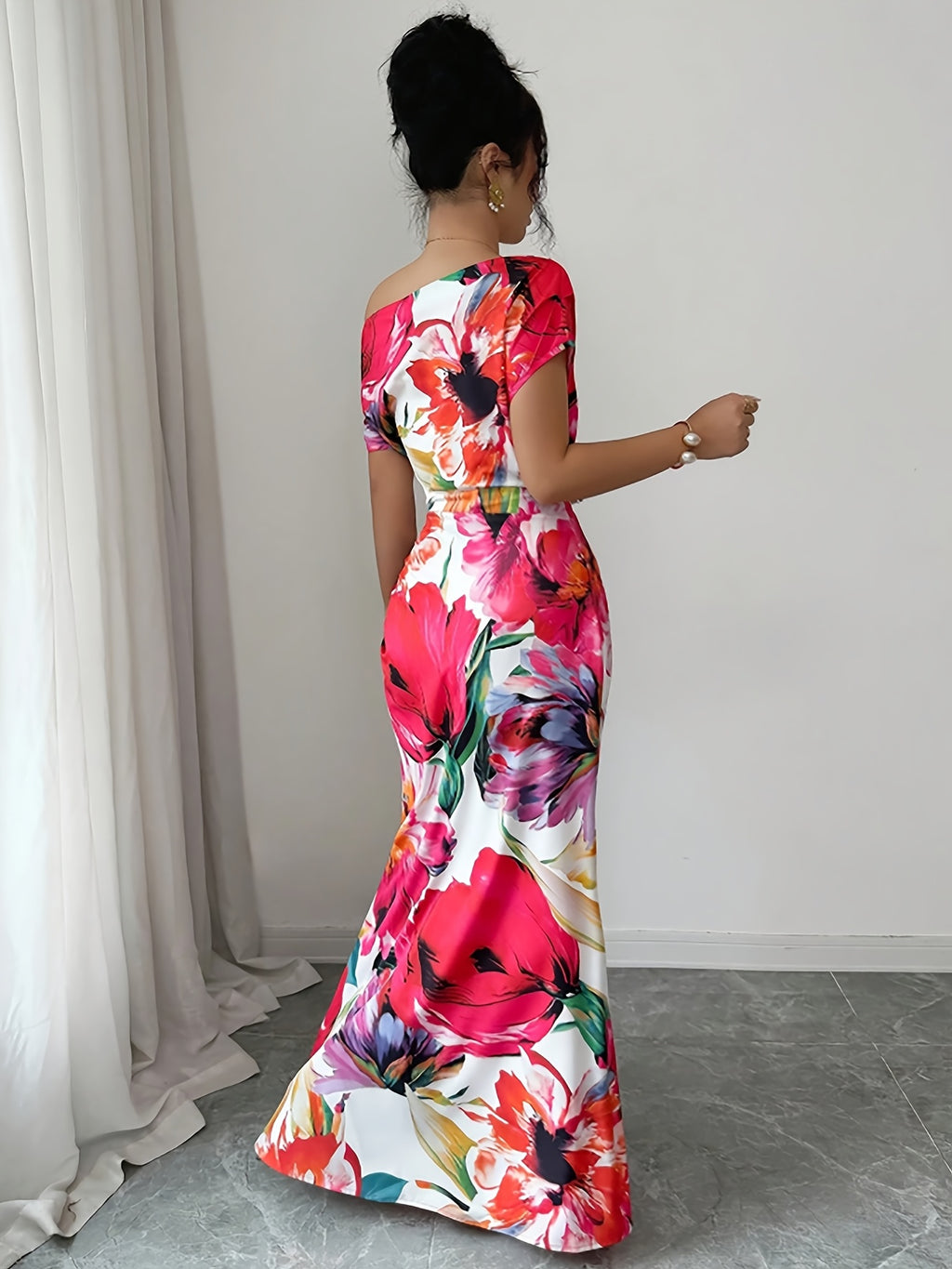 Elegant, Exquisite And Fashionable Women'S Floral Print Asymmetric One-Shoulder Oblique Neck Dress, Bridesmaid Dress - Red