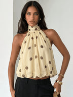 Women'S Elegant Polka Dot Print Backless Cami Top, Summer Slim Fit, Suitable for Holidays, Weddings, And Vacations. This Polka Dot Chiffon Top Features a Bud-Like Design, Off-The-Shoulder Cut, Perfect for Date Nights - Yellow