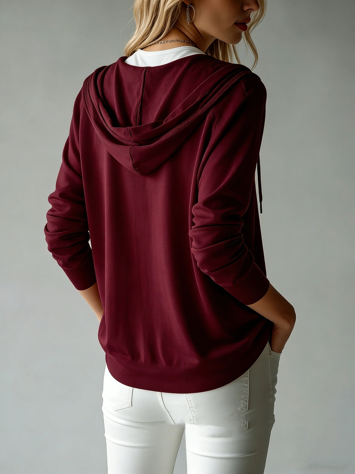 Women's Button Cardigan with a Hood, Drawstring Hood Design, French Style, European and American Style, Casual, Loose, All-season Versatile, Can Be Worn Alone or as an Outer Layer, Suitable for Daily Commuting and Various Occasions. - Burgundy