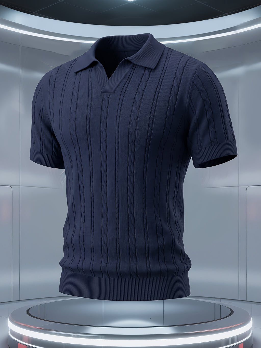 Men'S Knit Sweater Short Sleeve Polo Shirt, Light Luxury Business High Quality Cable Knit Vertical Stripes Heavy Craft Slimming Texture Fashion Easy Handsome Exquisite Workmanship Dating Party Outdoor High-End Places All Suitable Golf Polo Shirt Kni - Sea Blue