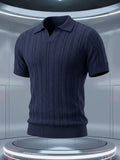 Men'S Knit Sweater Short Sleeve Polo Shirt, Light Luxury Business High Quality Cable Knit Vertical Stripes Heavy Craft Slimming Texture Fashion Easy Handsome Exquisite Workmanship Dating Party Outdoor High-End Places All Suitable Golf Polo Shirt Kni - Sea Blue