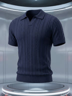 Men'S Knit Sweater Short Sleeve Polo Shirt, Light Luxury Business High Quality Cable Knit Vertical Stripes Heavy Craft Slimming Texture Fashion Easy Handsome Exquisite Workmanship Dating Party Outdoor High-End Places All Suitable Golf Polo Shirt Kni - Sea Blue