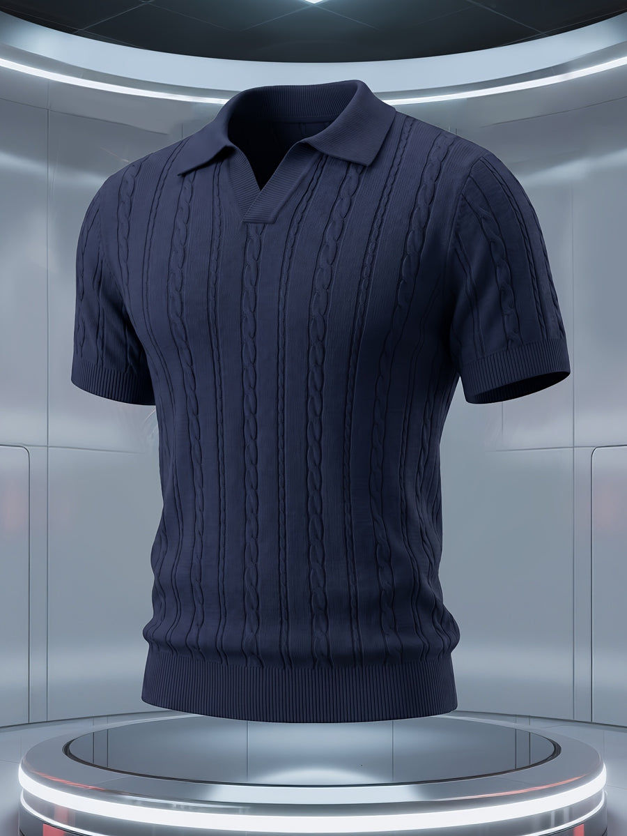 Men'S Knit Sweater Short Sleeve Polo Shirt, Light Luxury Business High Quality Cable Knit Vertical Stripes Heavy Craft Slimming Texture Fashion Easy Handsome Exquisite Workmanship Dating Party Outdoor High-End Places All Suitable Golf Polo Shirt Kni - Sea Blue